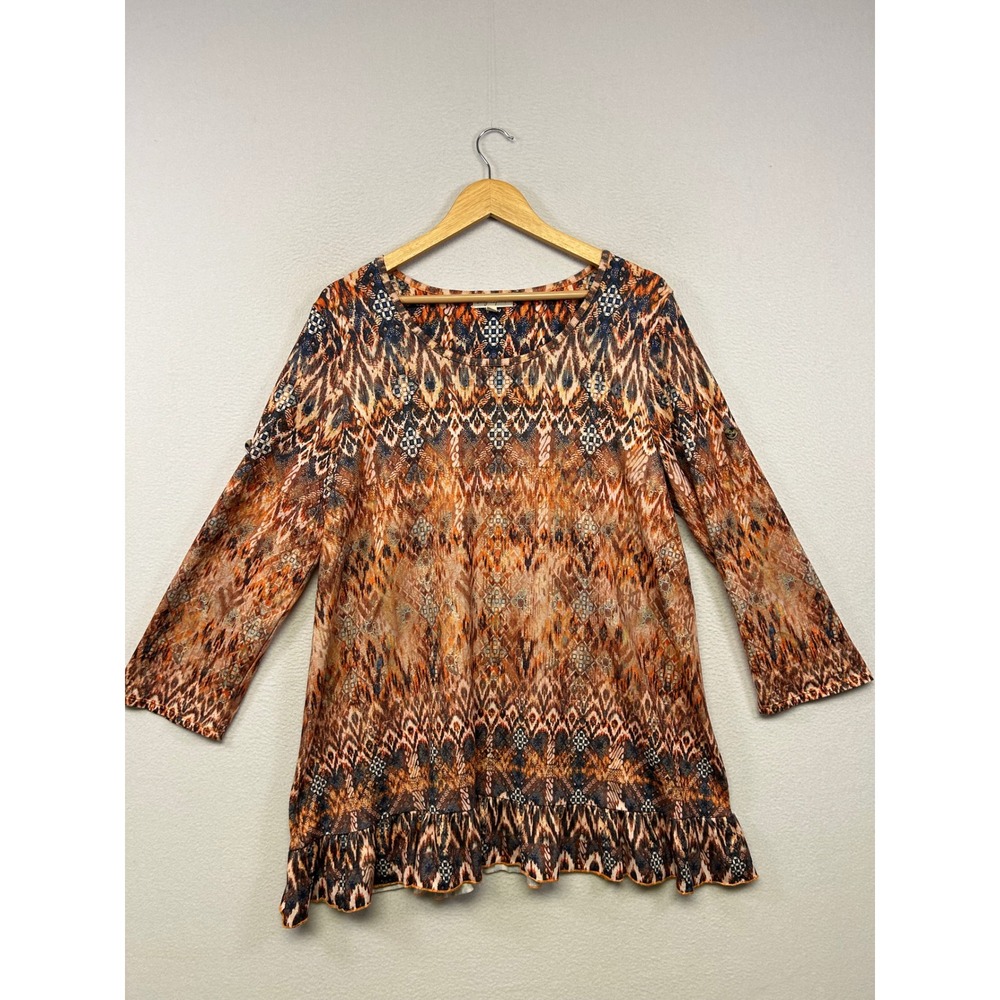 Boho Southwestern Song n Spirit Womens Large Orange Ikat Ruffle Roll Tab Tunic